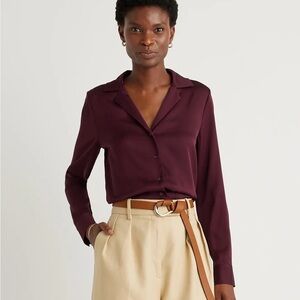 Quince Washable Stretch Silk Notch Collar Blouse in Wine Tasting Red
